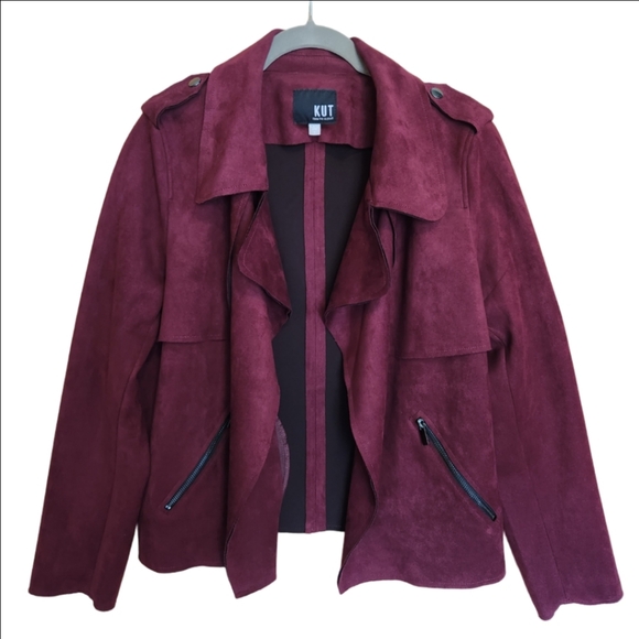 KUT FROM THE KLOTH JACEE DRAPED MOTO JACKET BURGANDY SIZE LARGE EUC - Picture 2 of 7